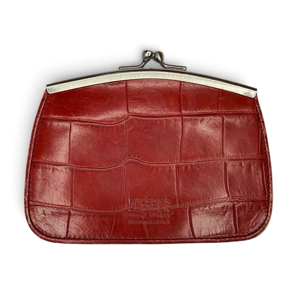 Wilsons Leather Red Crocodile Embossed Italian Leather Kiss Lock Coin Purse
